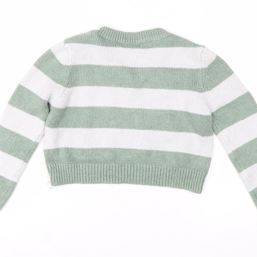 Stradivarius Women's Green White Striped V-Neck Knit Jumper Size 12