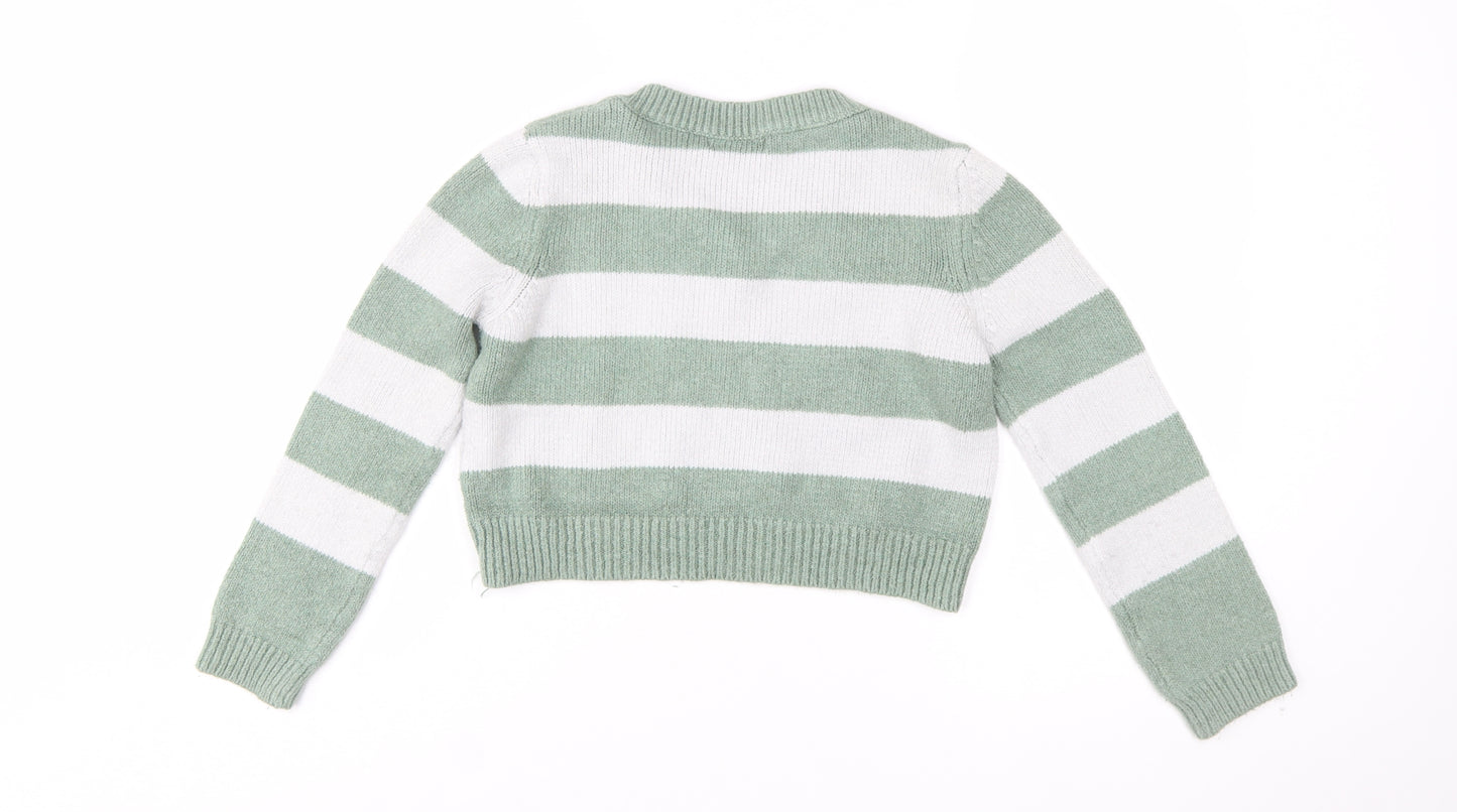 Stradivarius Women's Green White Striped V-Neck Knit Jumper Size 12