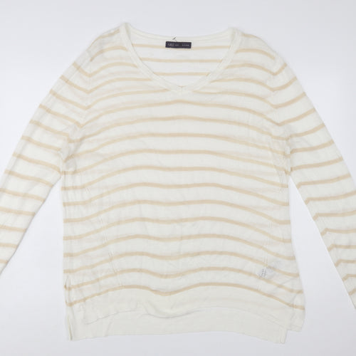 Marks and Spencer Women Beige Striped V-Neck Pullover Jumper Size 20
