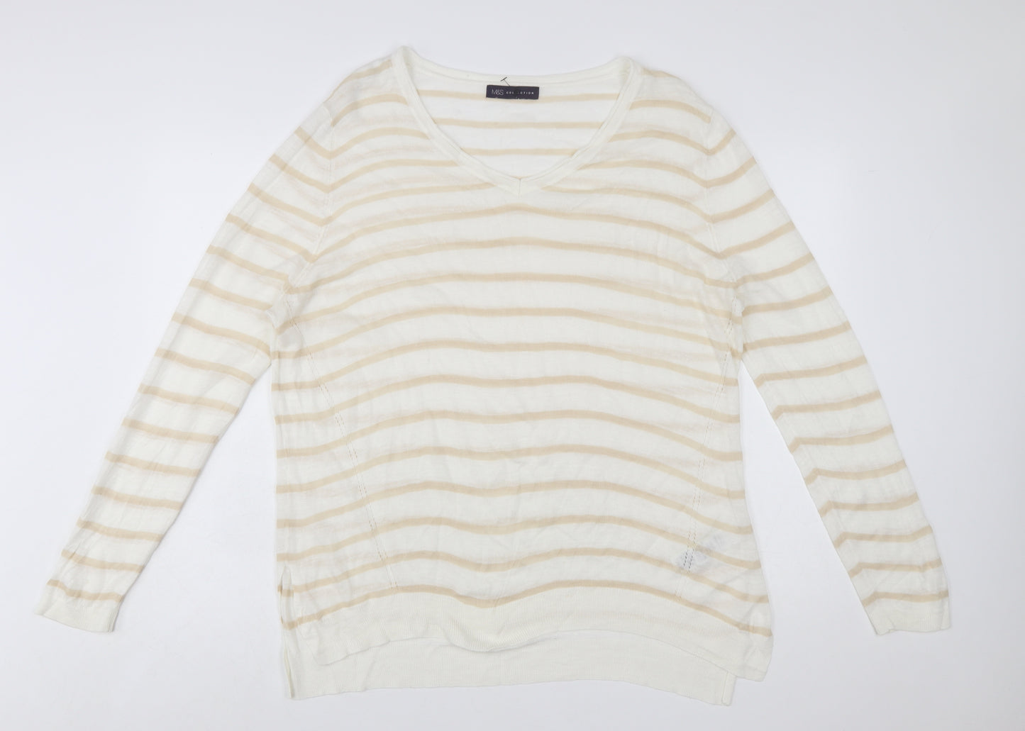 Marks and Spencer Women Beige Striped V-Neck Pullover Jumper Size 20