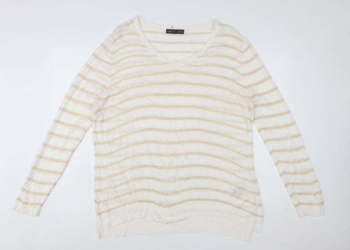 Marks and Spencer Women Beige Striped V-Neck Pullover Jumper Size 20