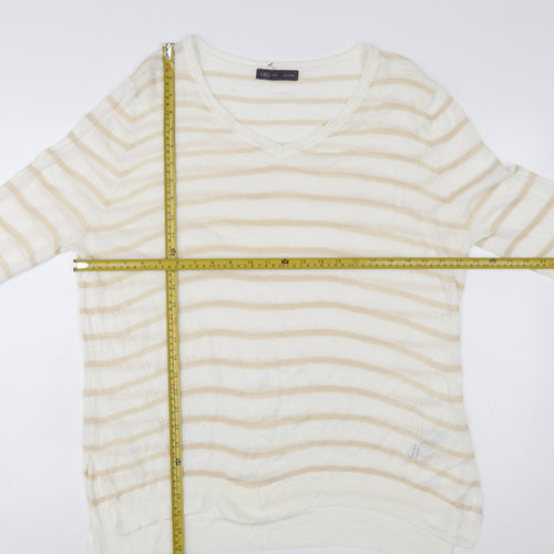 Marks and Spencer Women Beige Striped V-Neck Pullover Jumper Size 20