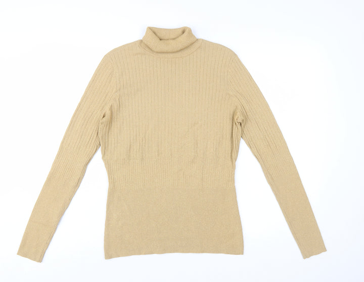 Worthington Women Beige Roll Neck Ribbed Knit Jumper Size L