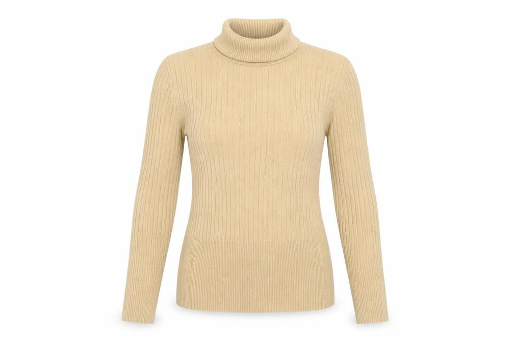 Worthington Women Beige Roll Neck Ribbed Knit Jumper Size L