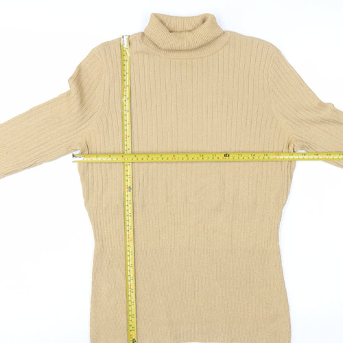 Worthington Women Beige Roll Neck Ribbed Knit Jumper Size L