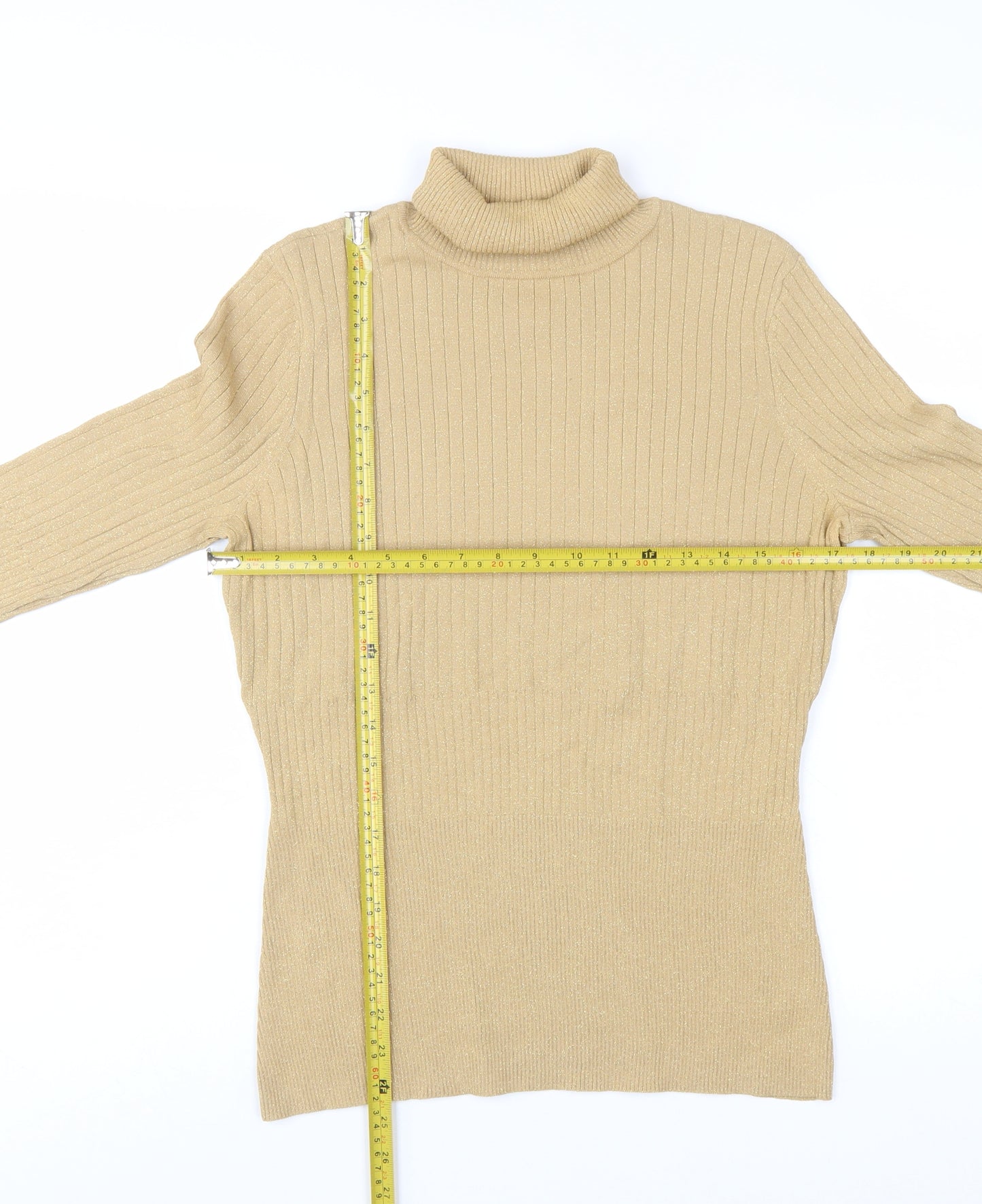 Worthington Women Beige Roll Neck Ribbed Knit Jumper Size L