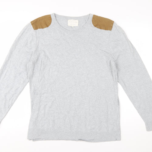 River Island Men's Grey Cotton Pullover Jumper Size L with Shoulder Patches