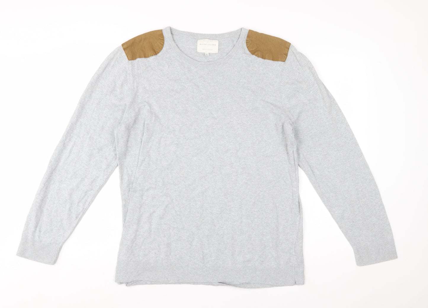 River Island Men's Grey Cotton Pullover Jumper Size L with Shoulder Patches