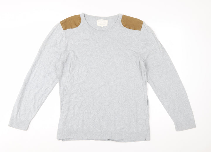 River Island Men's Grey Cotton Pullover Jumper Size L with Shoulder Patches