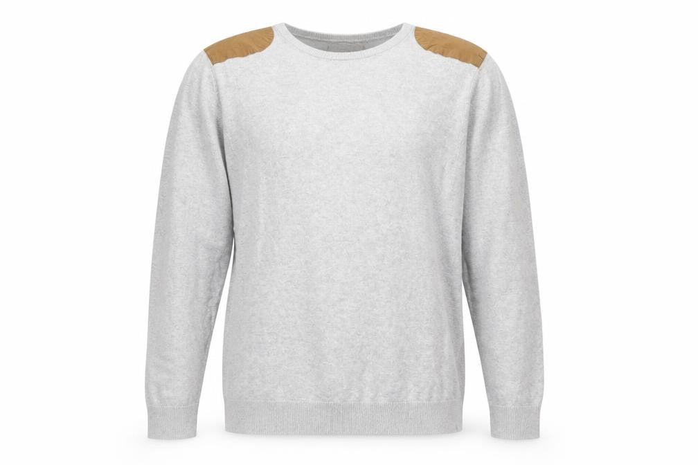 Front view of River Island Men's Grey Cotton jumper, size L, with Shoulder Patches