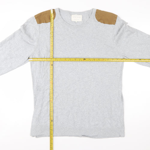 River Island Men's Grey Cotton Pullover Jumper Size L with Shoulder Patches