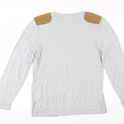 River Island Men's Grey Cotton Pullover Jumper Size L with Shoulder Patches