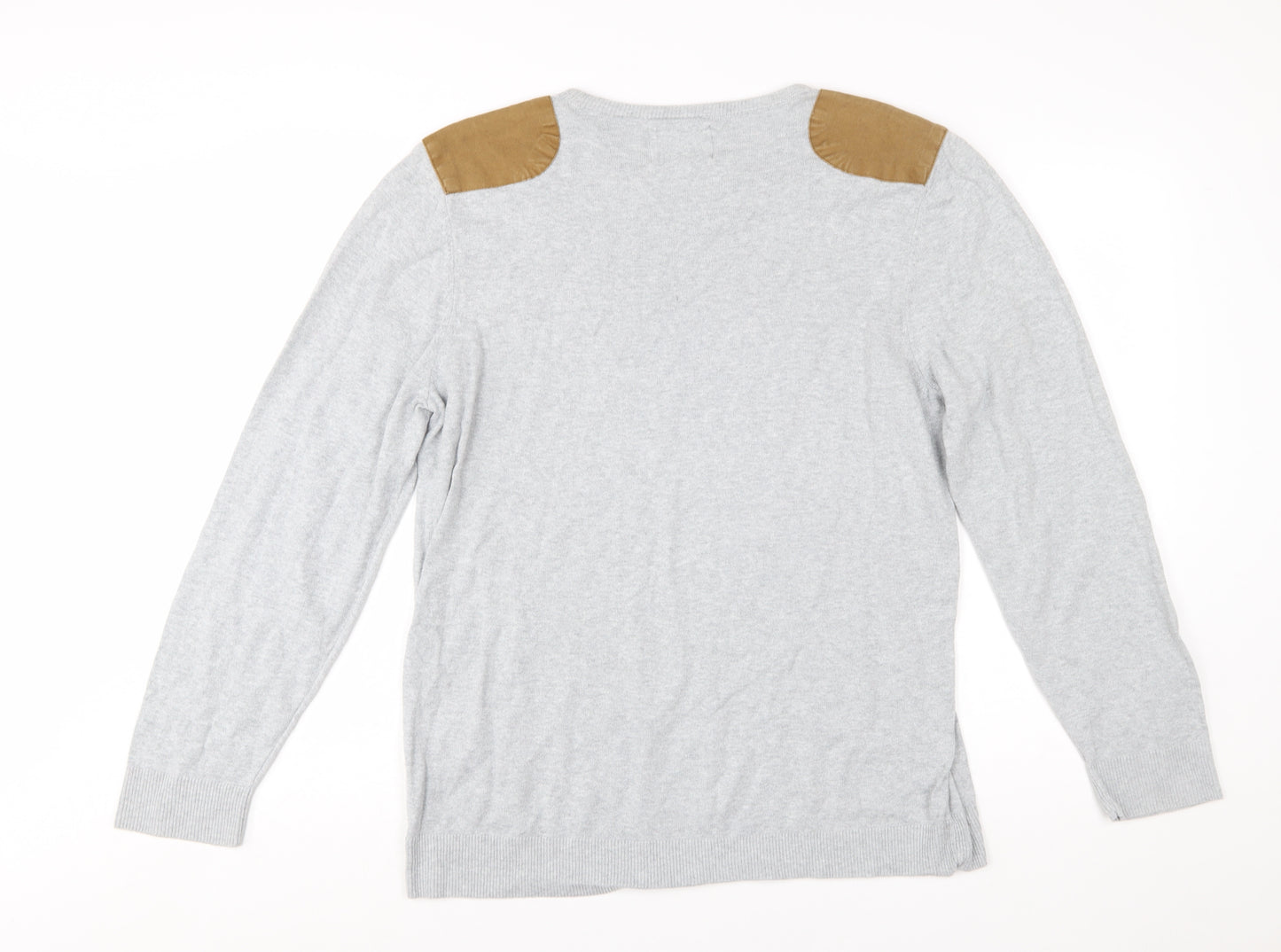 River Island Men's Grey Cotton Pullover Jumper Size L with Shoulder Patches