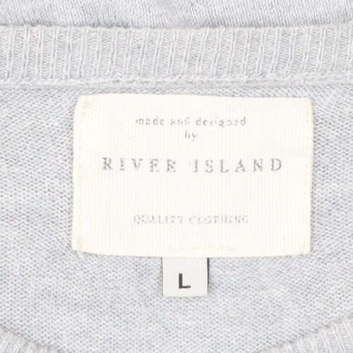 River Island Men's Grey Cotton Pullover Jumper Size L with Shoulder Patches