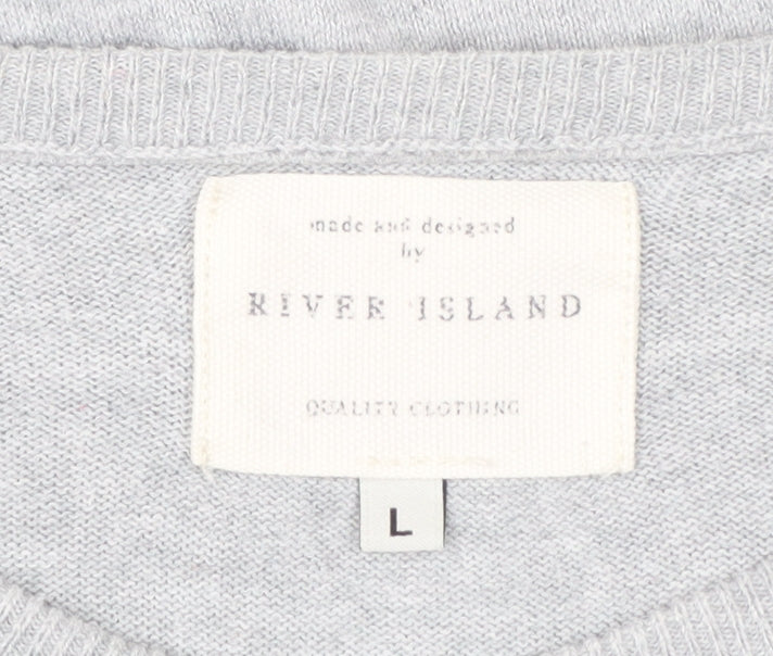 River Island Men's Grey Cotton Pullover Jumper Size L with Shoulder Patches