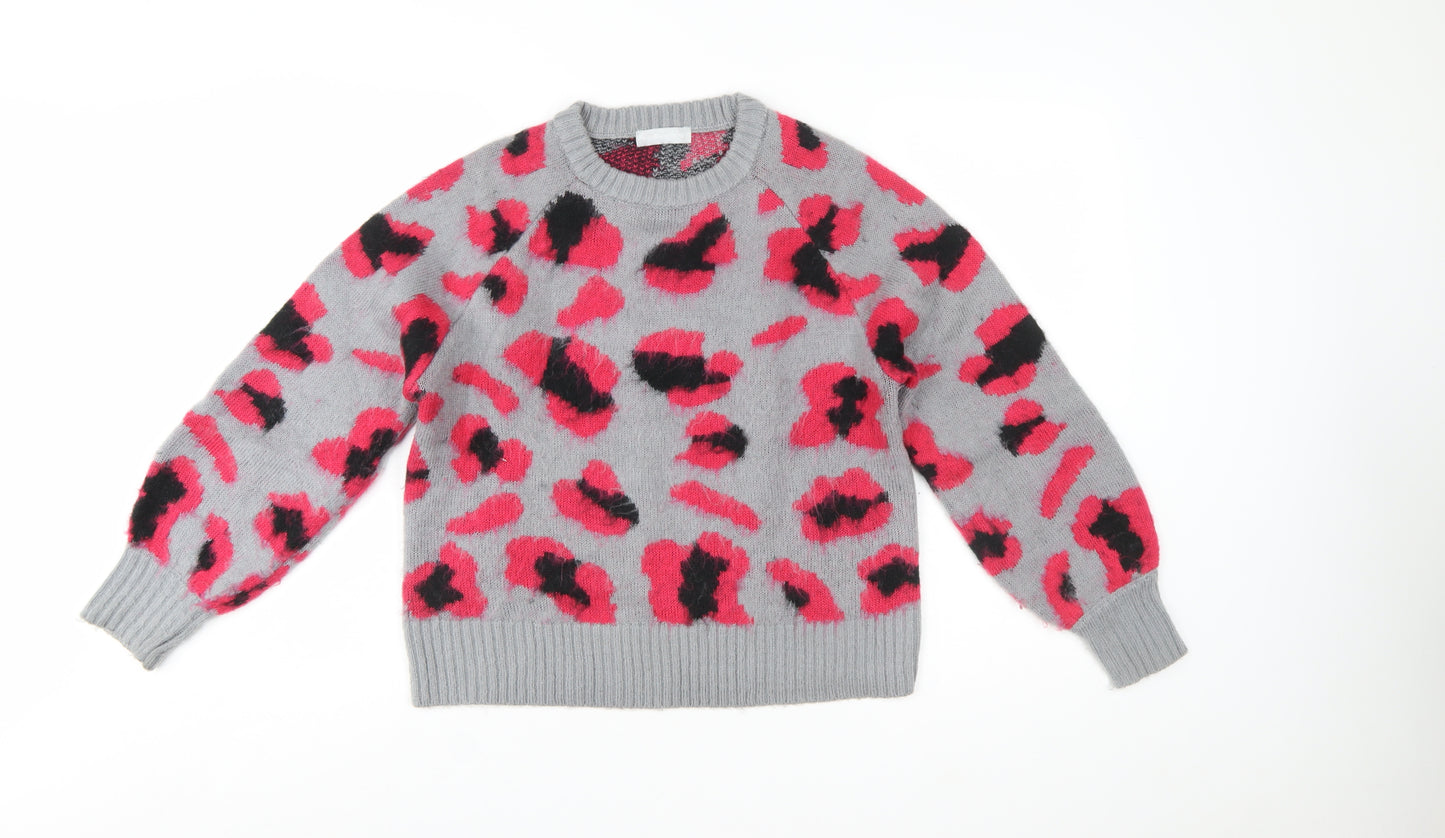 Red Herring Women Grey Pink Animal Print Pullover Jumper Size 12-14