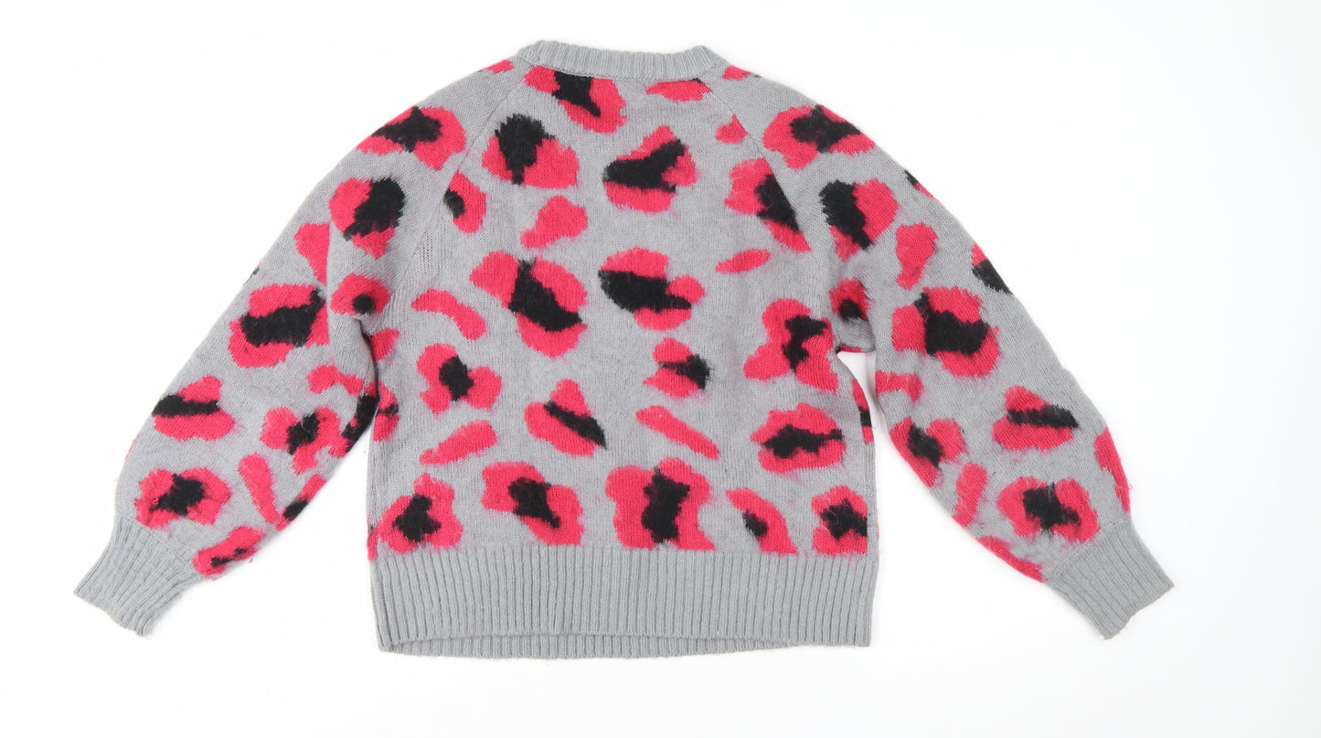 Red Herring Women Grey Pink Animal Print Pullover Jumper Size 12-14