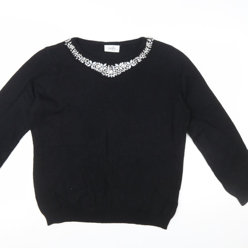 Wallis Women Petite Black Beaded Crew Neck Jumper Size 16