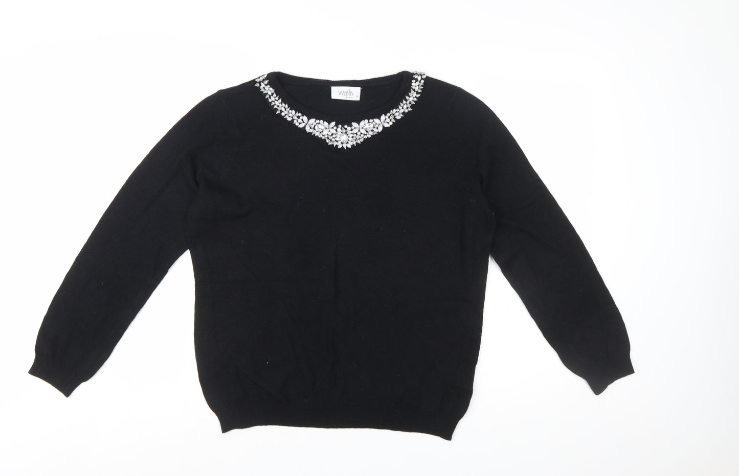 Wallis Women Petite Black Beaded Crew Neck Jumper Size 16