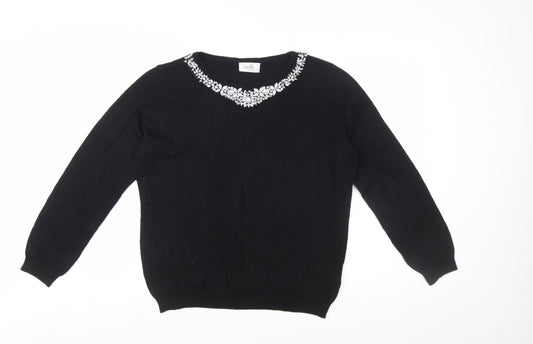Wallis Women Petite Black Beaded Crew Neck Jumper Size 16