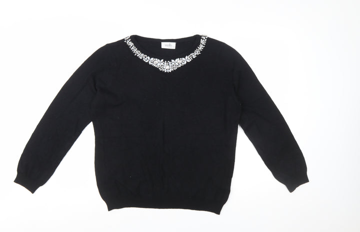Wallis Women Petite Black Beaded Crew Neck Jumper Size 16