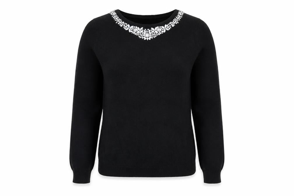 Front view of Wallis Women Petite Black Beaded Crew Neck Jumper, size 16