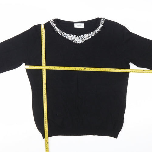Wallis Women Petite Black Beaded Crew Neck Jumper Size 16
