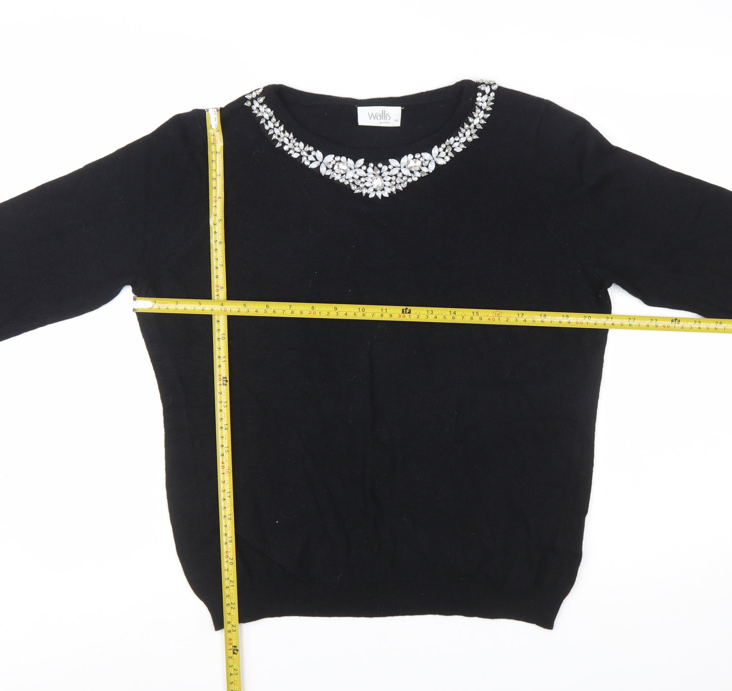 Wallis Women Petite Black Beaded Crew Neck Jumper Size 16