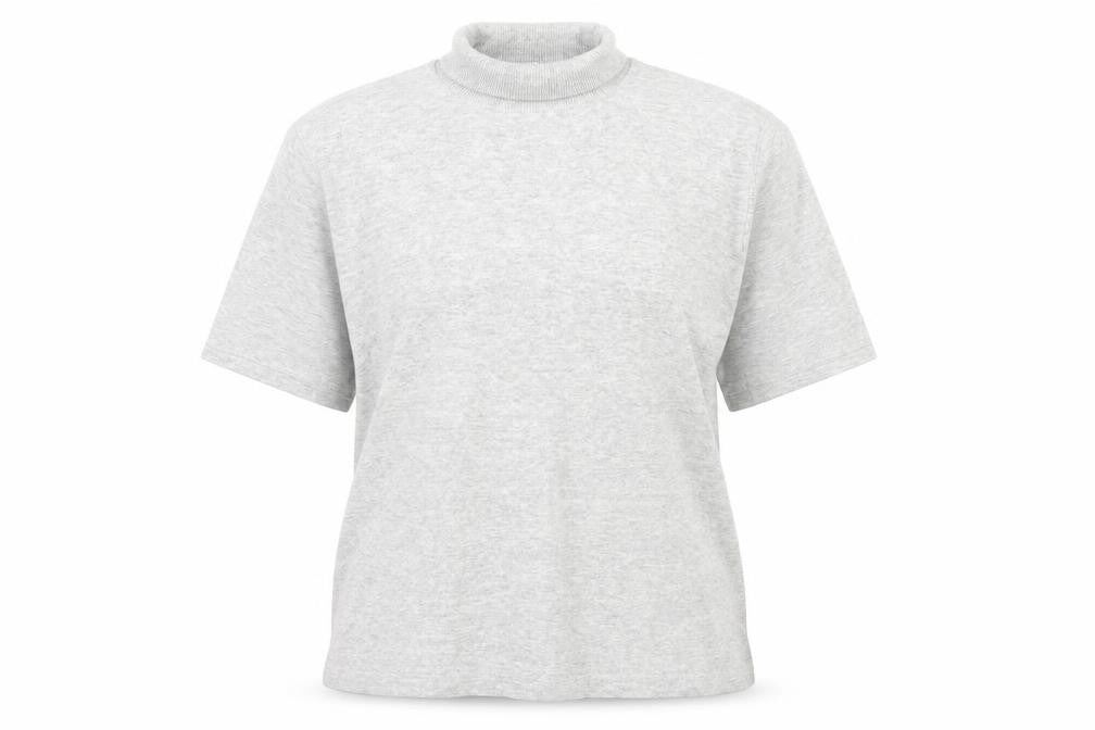 Front view of Windsmoor women’s grey roll neck short sleeve cotton jumper, size M