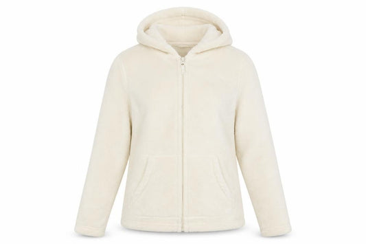 Front view of Mountain Warehouse women’s ivory fleece hooded jacket, size UK 10