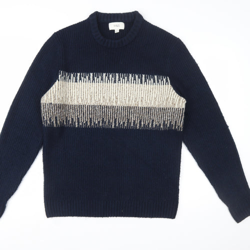 Marks and Spencer Men's Blue Geometric Chunky Knit Crew Neck Jumper Size M