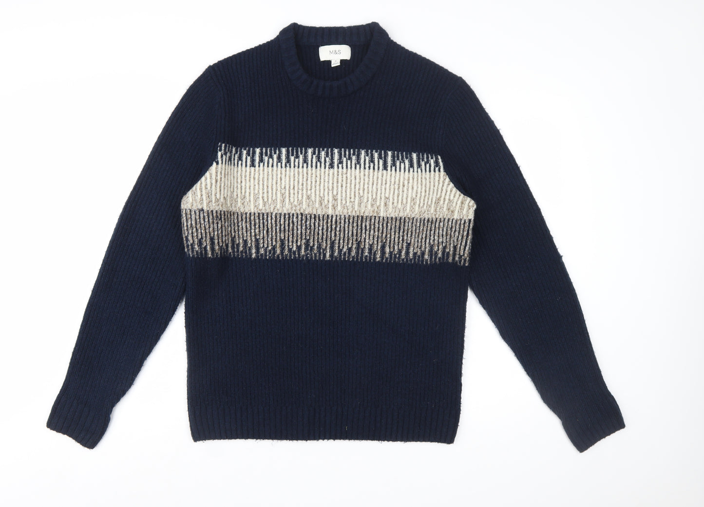 Marks and Spencer Men's Blue Geometric Chunky Knit Crew Neck Jumper Size M
