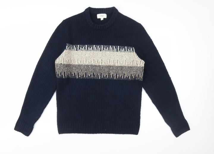 Marks and Spencer Men's Blue Geometric Chunky Knit Crew Neck Jumper Size M
