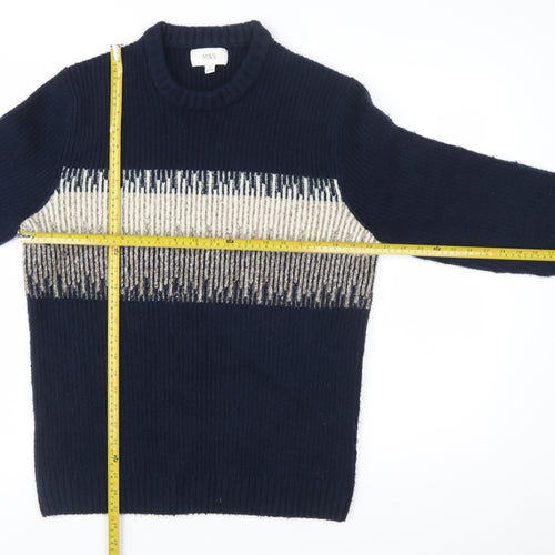 Marks and Spencer Men's Blue Geometric Chunky Knit Crew Neck Jumper Size M
