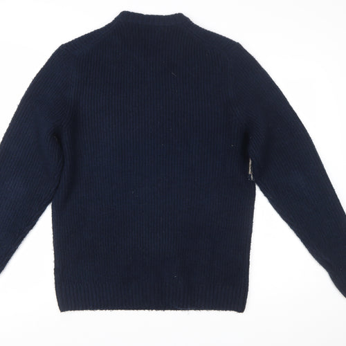 Marks and Spencer Men's Blue Geometric Chunky Knit Crew Neck Jumper Size M