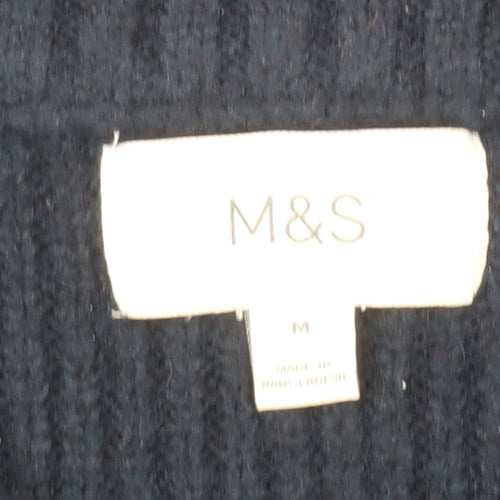 Marks and Spencer Men's Blue Geometric Chunky Knit Crew Neck Jumper Size M