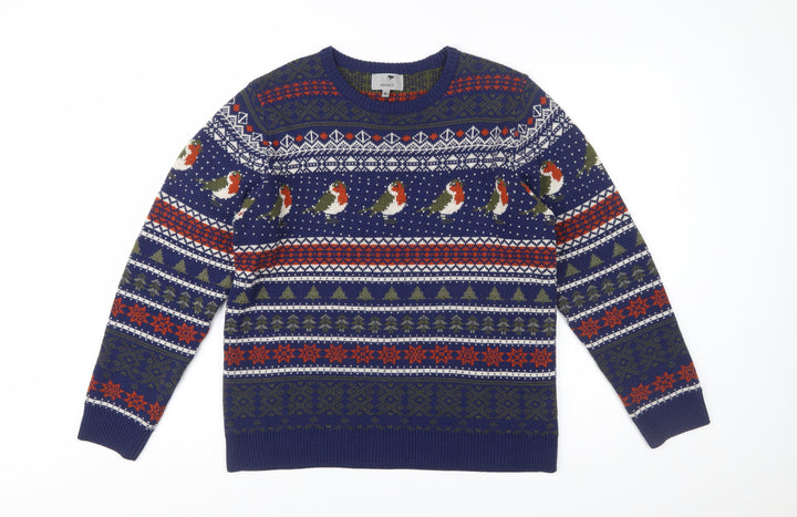 Marks and Spencer Men's Blue Christmas Robin Fair Isle Jumper Medium