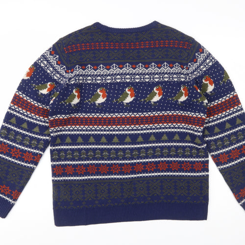 Marks and Spencer Men's Blue Christmas Robin Fair Isle Jumper Medium