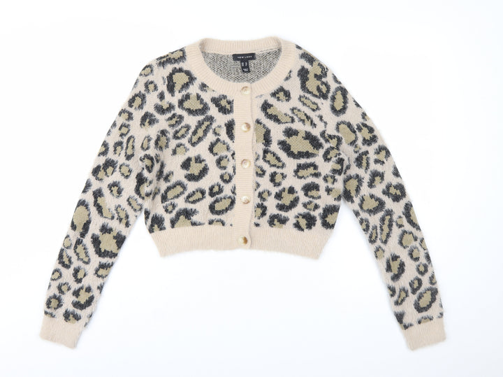 New Look Women's Beige Leopard Print Chunky Knit Cardigan UK 12