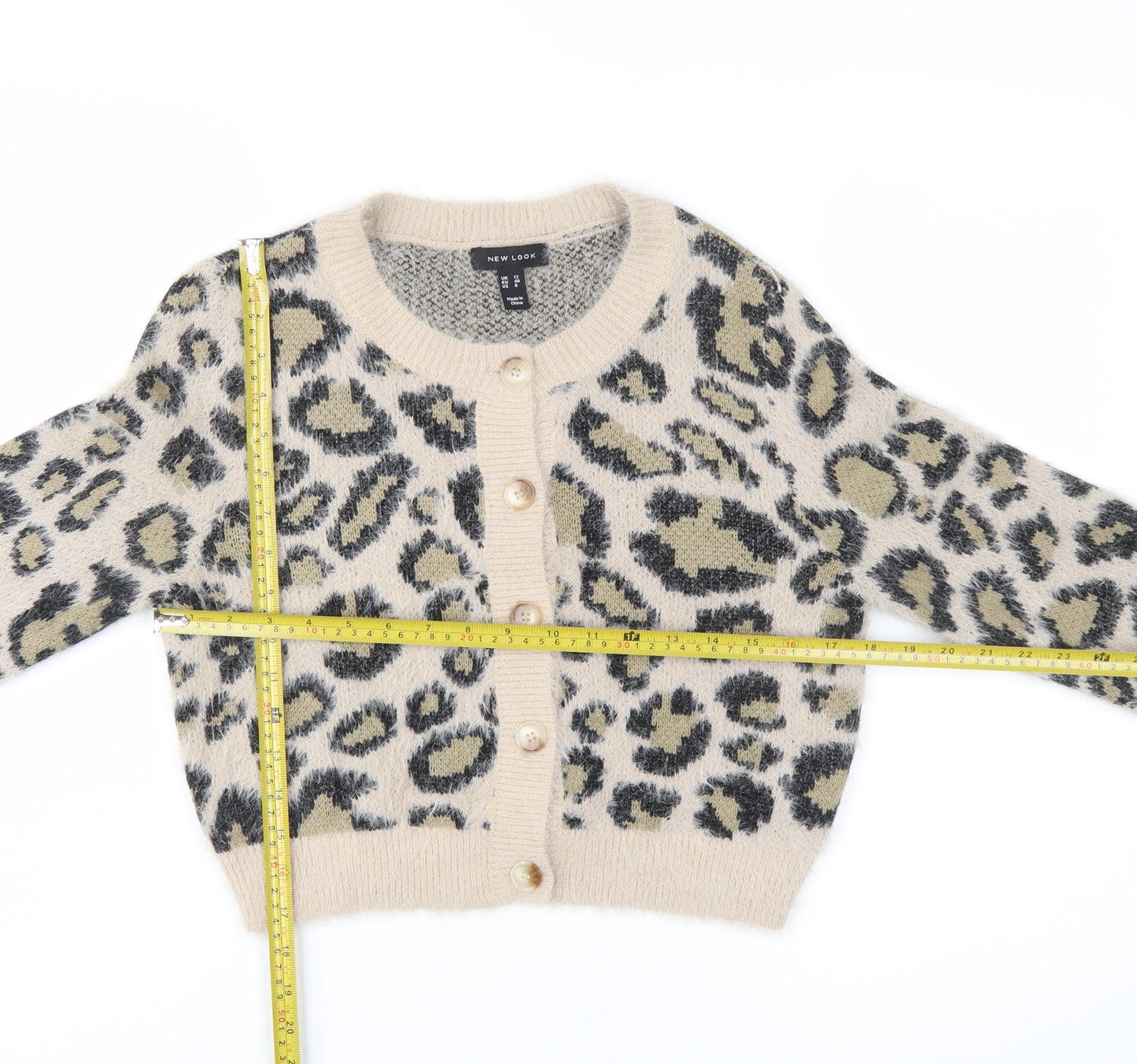 New Look Women's Beige Leopard Print Chunky Knit Cardigan UK 12