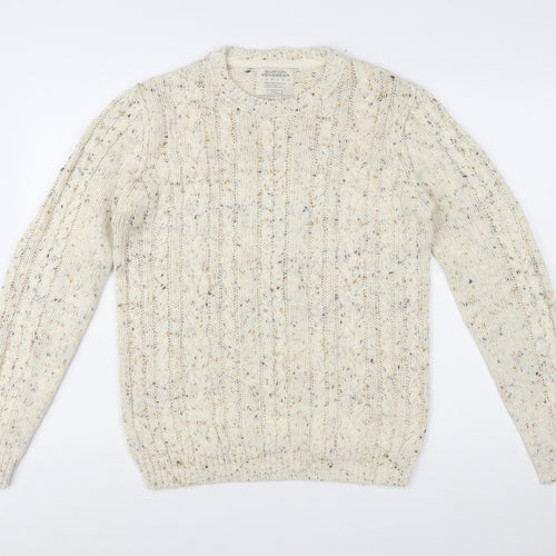 Burton Menswear Beige Cable-Knit Crew Neck Jumper Small Men's