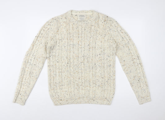 Burton Menswear Beige Cable-Knit Crew Neck Jumper Small Men's