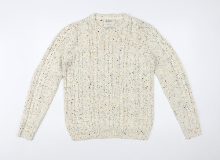 Burton Menswear Beige Cable-Knit Crew Neck Jumper Small Men's