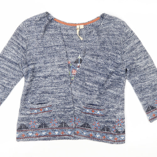 White Stuff Women’s Blue Embroidered Cardigan UK 12 Bohemian Knit