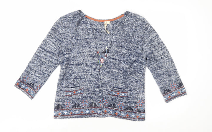 White Stuff Women’s Blue Embroidered Cardigan UK 12 Bohemian Knit