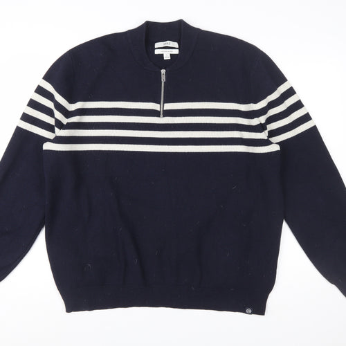 Marks and Spencer Men's Blue XL Striped 1/2 Zip Cotton Blend Jumper