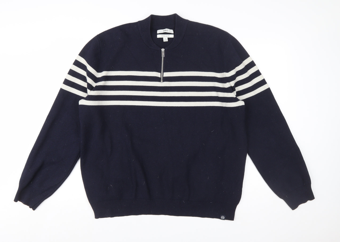 Marks and Spencer Men's Blue XL Striped 1/2 Zip Cotton Blend Jumper