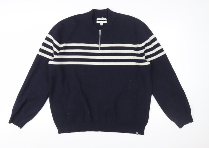 Marks and Spencer Men's Blue XL Striped 1/2 Zip Cotton Blend Jumper