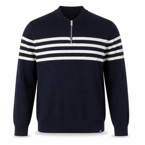 Marks and Spencer Men's Blue XL Striped 1/2 Zip Cotton Blend Jumper