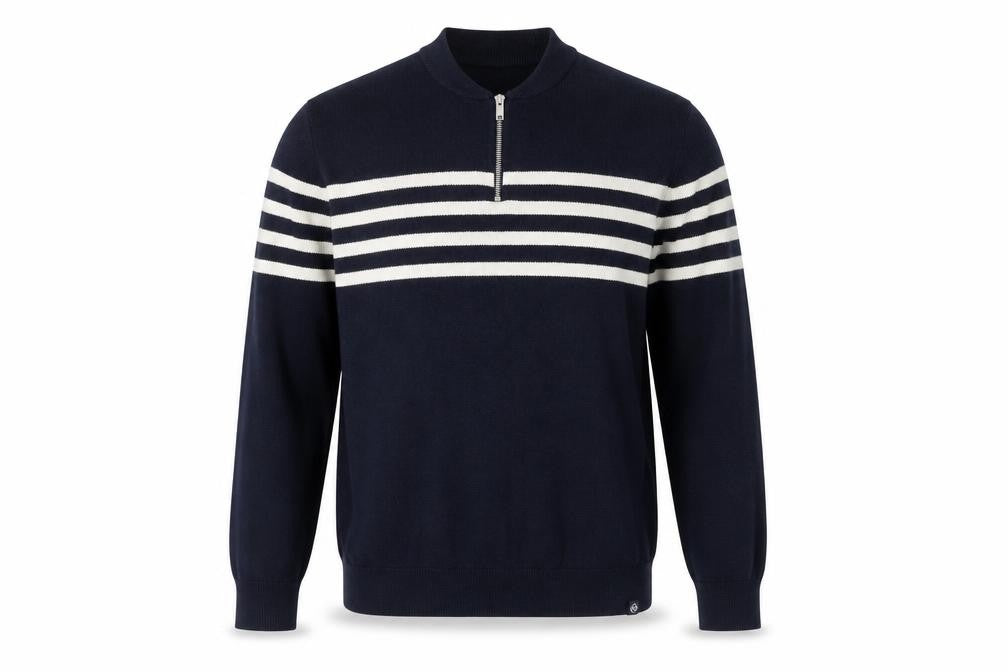 Marks and Spencer Men's Blue XL Striped 1/2 Zip Cotton Blend Jumper